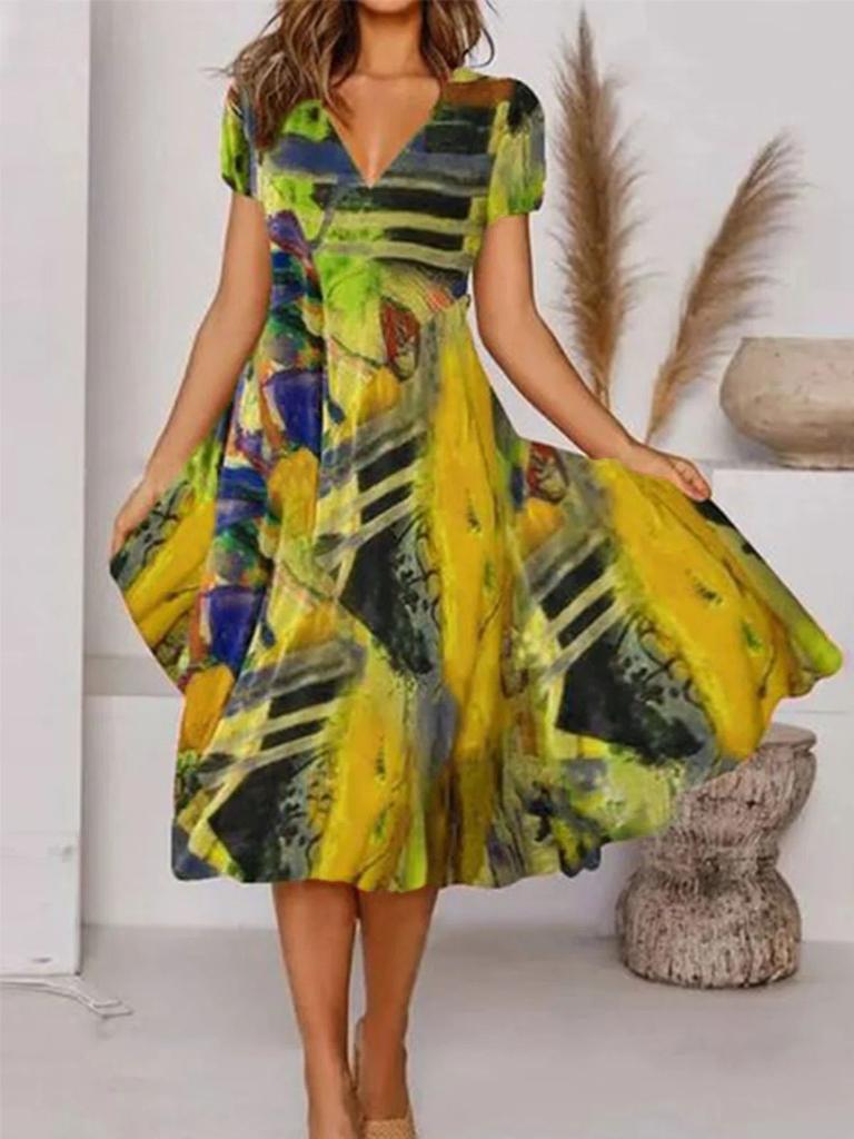 Long dress casual V-neck pendulum bohemian short-sleeved dress