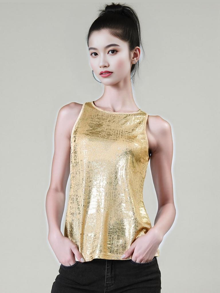 Allegra K Sequin Tank Metallic Shiny Sleeveless Christmas Dance Slim Light Size XL Top, Top, Costume, Fit, Women's, Gold,