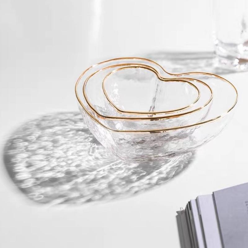 Creative Golden-Bordered Glass Salad Bowl, Ice Cream Dessert Plate, Fruit Plate, Heart-Shaped Bowl, Home Kitchen Tableware