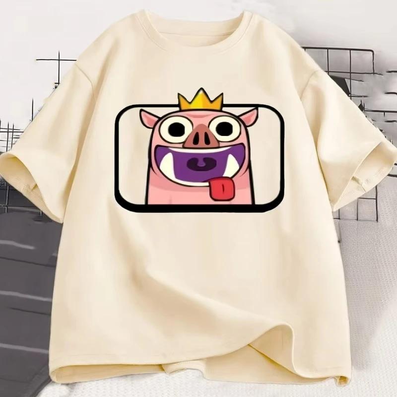 Hog with Crown Emote Clash Royale Graphic T Shirts Casual Round Neck Short Sleeve Tshirt Men Women Cute Breathable Clothes