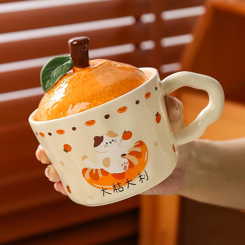 

New Year s gift water cup female birthday gift souvenir ceramic cup cute orange cat mug with lid Technologies 380ml [cup + lid]