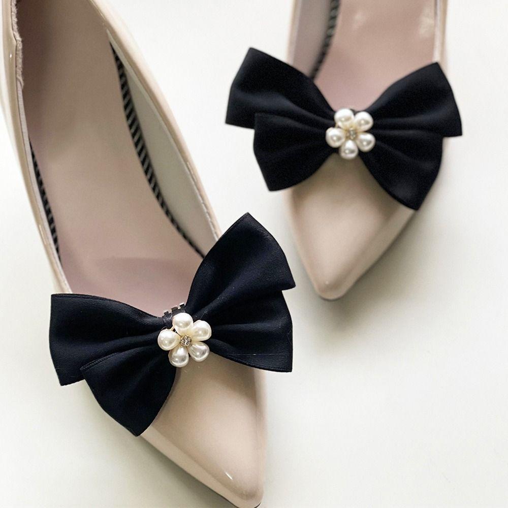 2Pcs Women Removable Wedding Shoe Decoration Elegant Bowknot Shoes Buckle with Pearl Shoe Clips Charms DIY Crafts