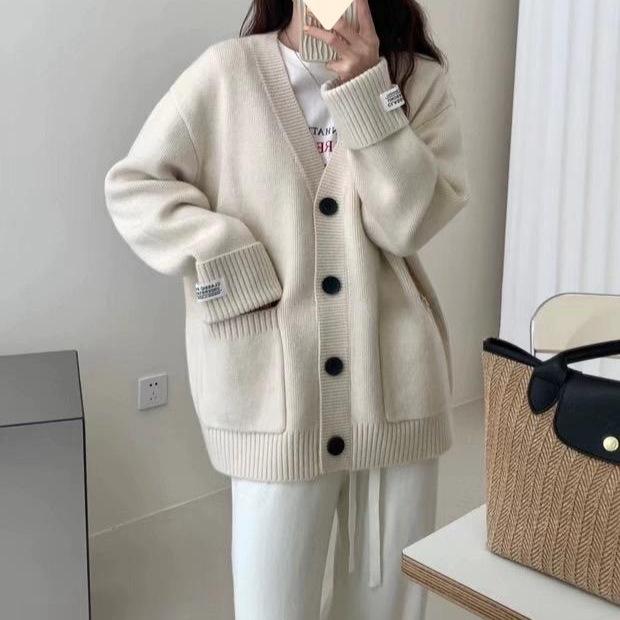 Ny retro strikket cardigan for høst og vinter i koreansk stil, løs og slankende med oppbrettede ermer, myk og myk genserjakke for kvinner
