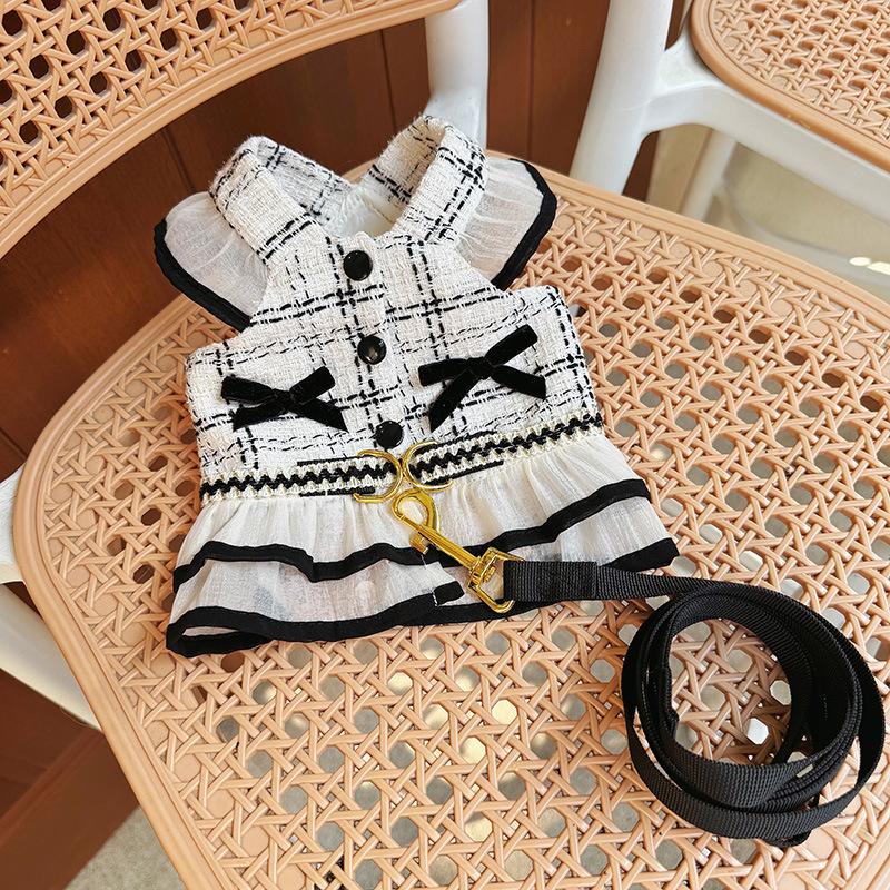 Spring Pet Checkered Strap Skirt Cute Dress Dog/Cat Clothing Style Traction Set with Traction Rope Dog Harness Puppy