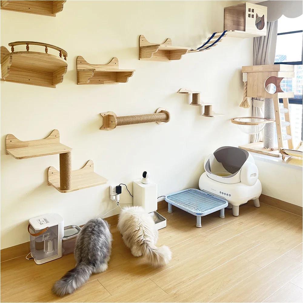 Wall Mounted Sisal Cat Climbing Ladder Treads Wooden Eco-friendly Cat Paradise Cat Furniture Solid Wooden Suspension Bridge