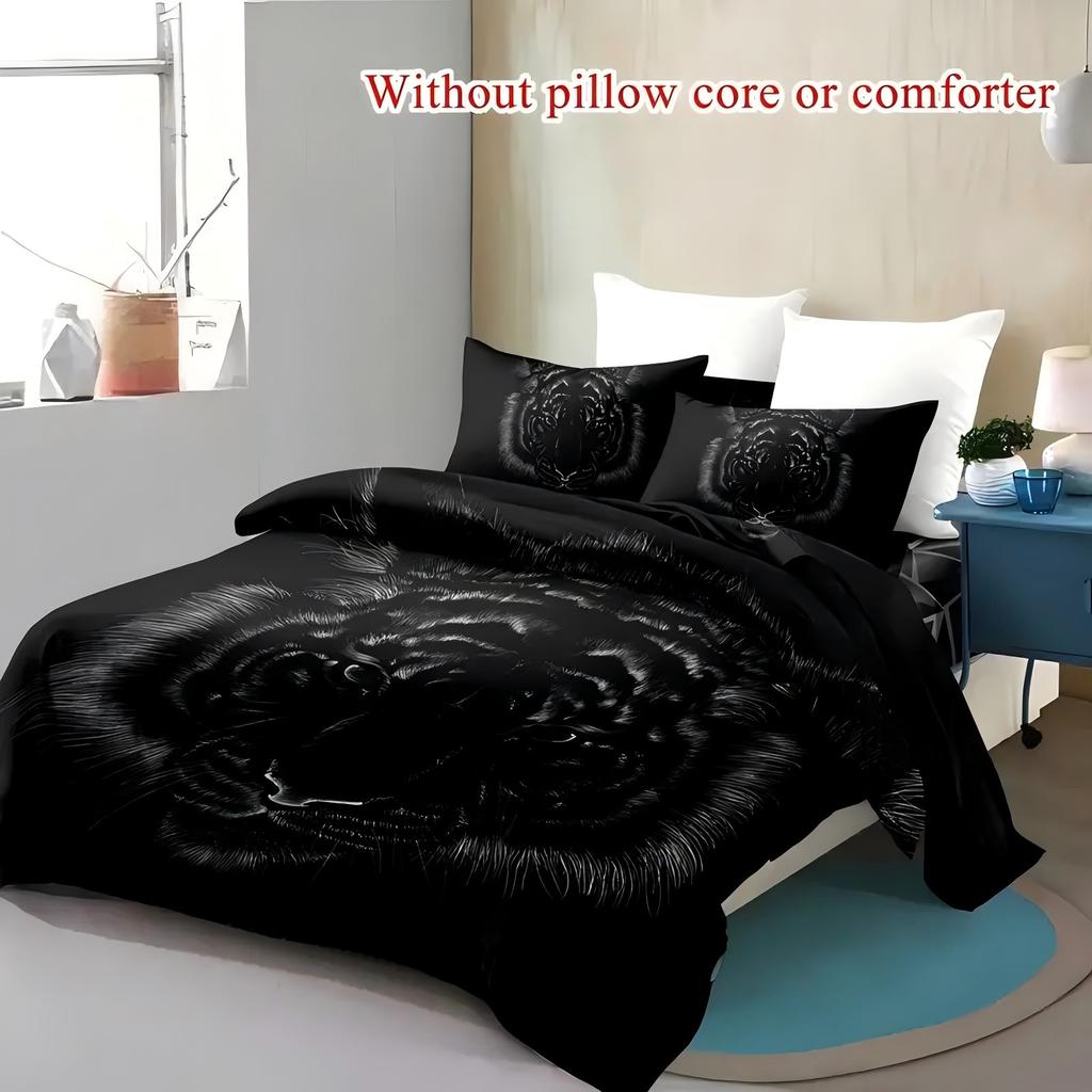 Black Tiger Beast Head Pattern 3D Print Duvet Cover Soft Comfortable Fierce Style Bed Set Wildlife Theme Quilt Cover Pillowcases