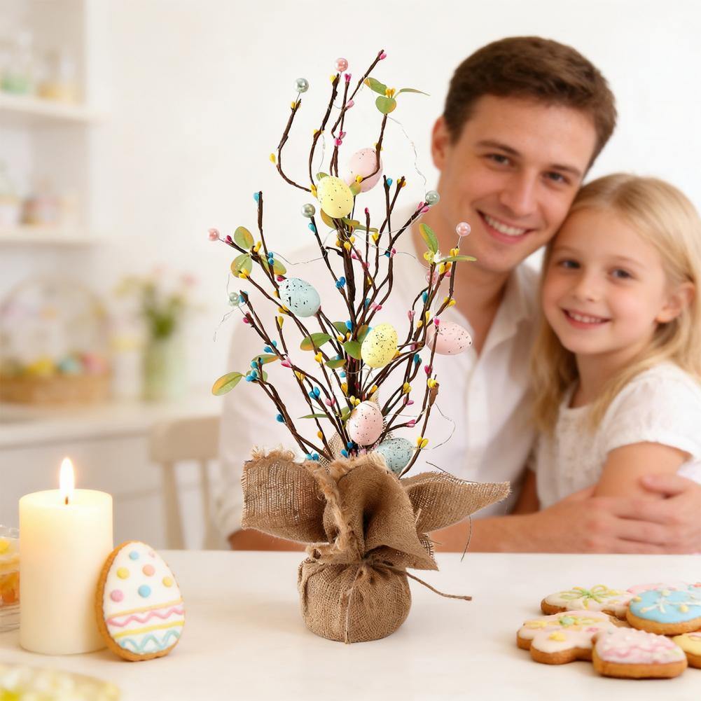 Potted Easter Plant Easter Egg Decoration Easter Egg Tree with Led Lights Spring Holiday Centerpiece Artificial Egg Decoration