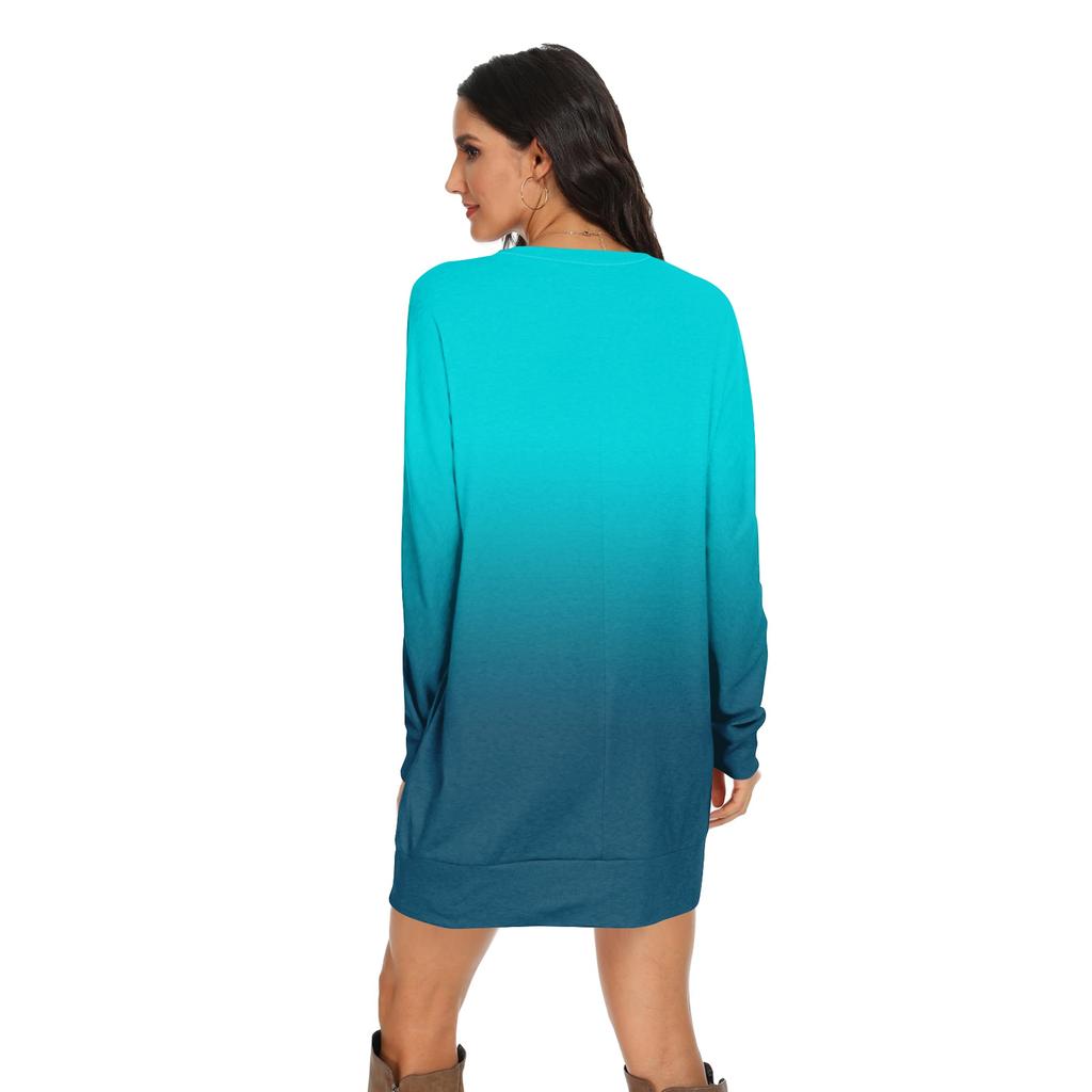 Women's gradient printed fashionable long-sleeved round-neck pocket dress