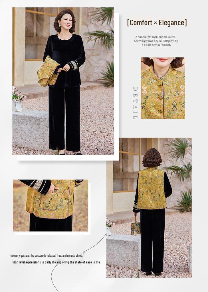 Elegant Spring/Autumn Three-Piece Tang Suit Set for Middle-Aged Women - Includes Vest, Top, and Jacket