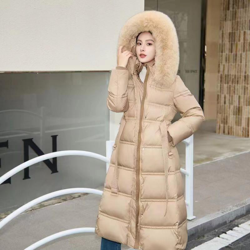 Womens Long Down Coat Over Knee Slim Fit Hooded With Real Fox Fur Collar Thick Warm White Duck