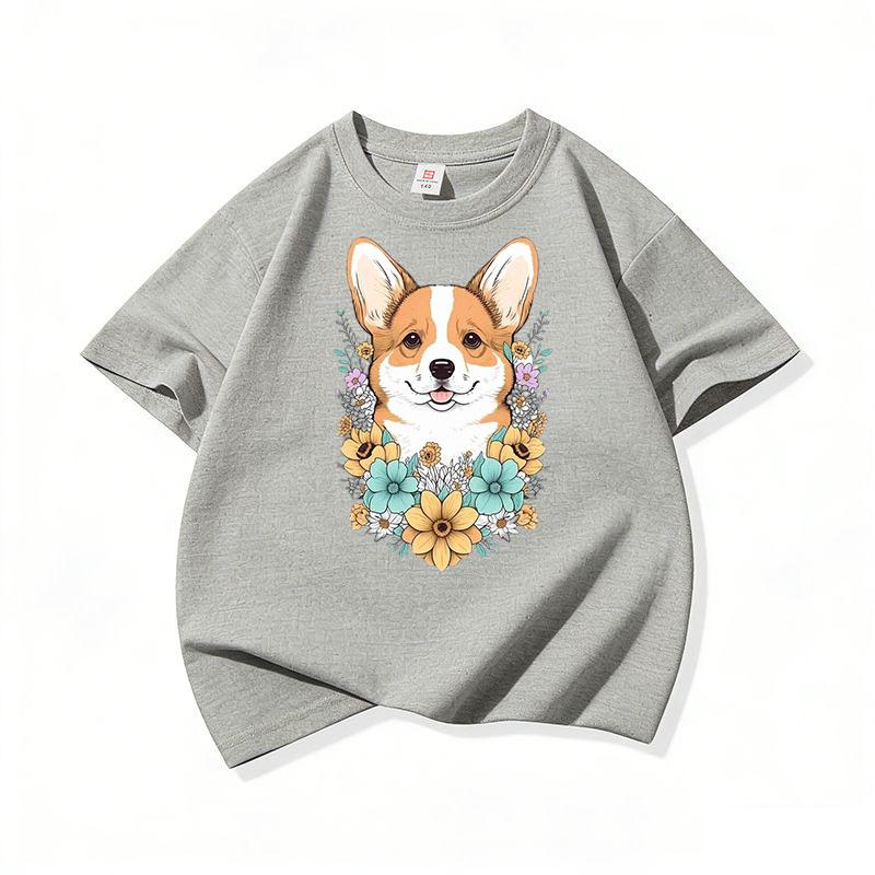 Welsh Corgi Surrounded Colorful Blooms Graphic Tee Kids 100 Cotton Crew Neck T Shirt Cute Puppy Print Short Sleeve Stylish Top