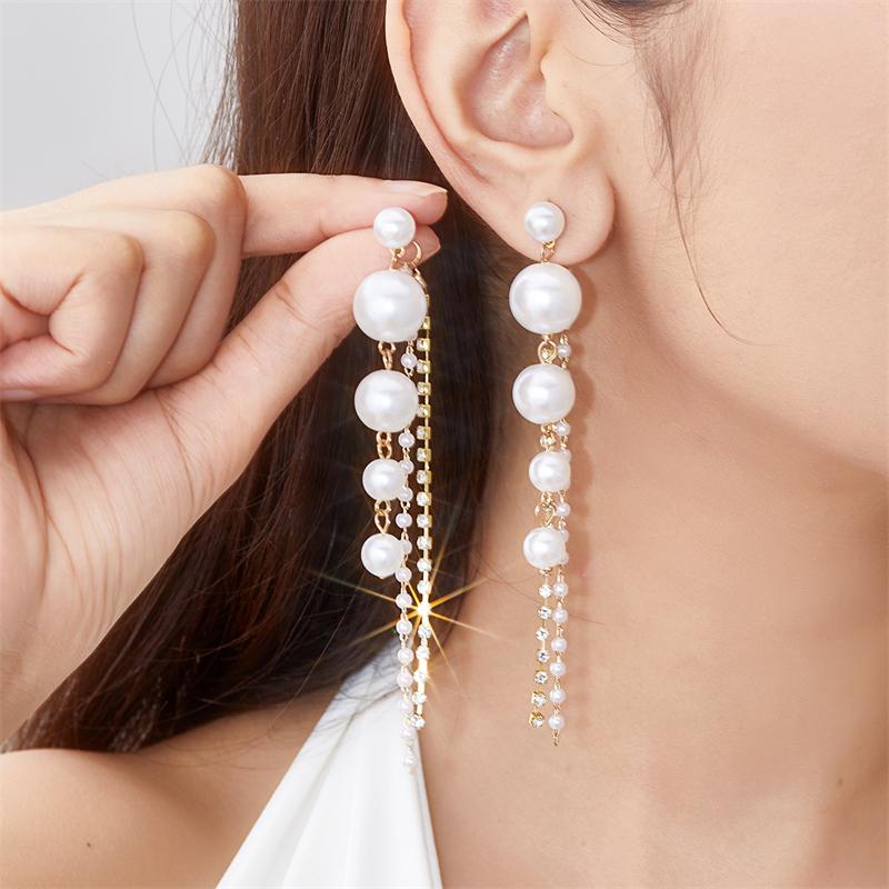 Korean Long Tassel Chain Pearl Earrings for Women Bridal Temperament Flower Drop Dangling Earrings Party Wedding Jewelry Gifts
