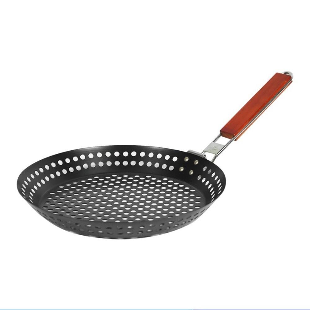 Folding Non Stick Grilling Skillet Round Wooden Handle Barbecue Plate Hollow Heat Resistant Outdoor Grill Topper Hiking Cooking