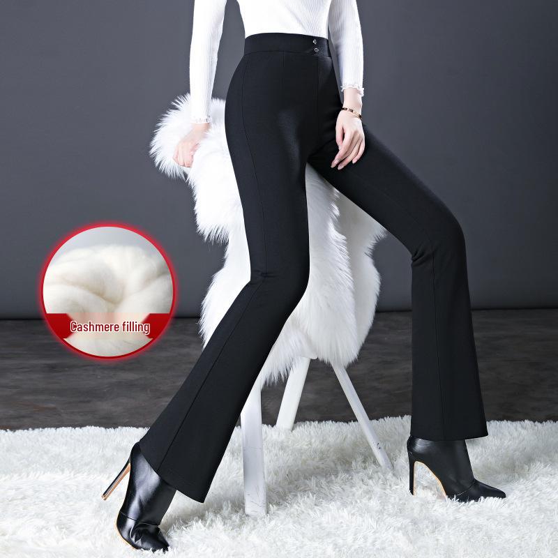 2024 Autumn/Winter Women's High-Waisted Slimming Flared Cashmere Trousers - Elastic, Fleece-Lined, Thickened, Slim-Fit.