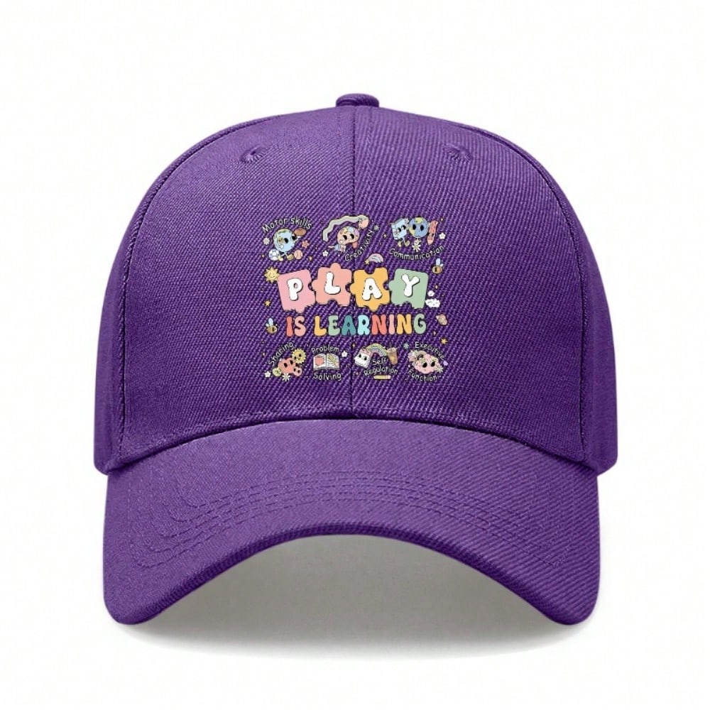Kids Educational Baseball Cap - "PLAY IS LEARNING" Print Adjustable Breathable Lightweight Unisex Outdoor Sports Hat For School & Everyday Wear -