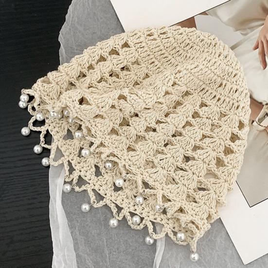 Knitting Hat Bohemian Style Hollow Design Women Hat with Faux Pearls Pendant Lightweight Elastic Hat Headwear