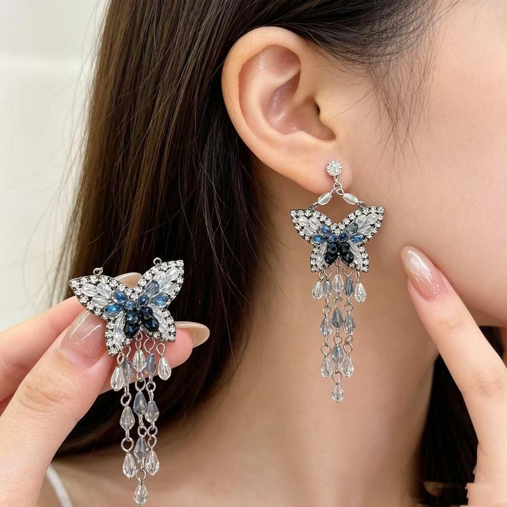 Silver Needle Crystal Beaded Butterfly Tassel Earrings - Elegant, Retro, and Fashionable Niche Jewelry for Women.