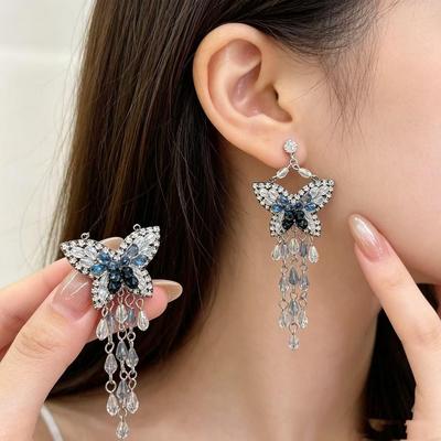 Silver Needle Crystal Beaded Butterfly Tassel Earrings - Elegant, Retro, and Fashionable Niche Jewelry for Women.