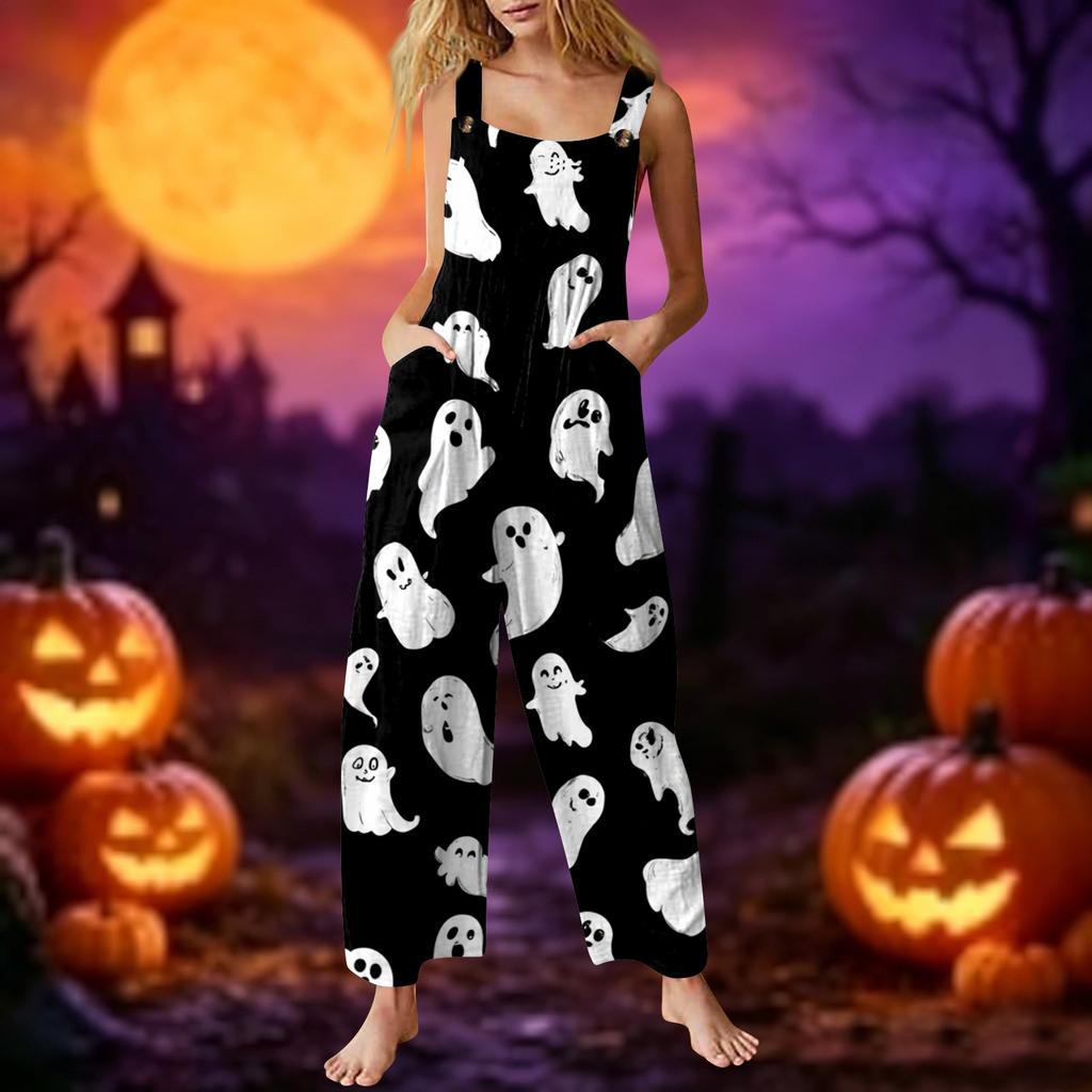 Women's Sleeveless Jumpsuit Cotton Halloween Ghost Print Casual Loose Fit Overall Pants with Pockets Adjustable Straps