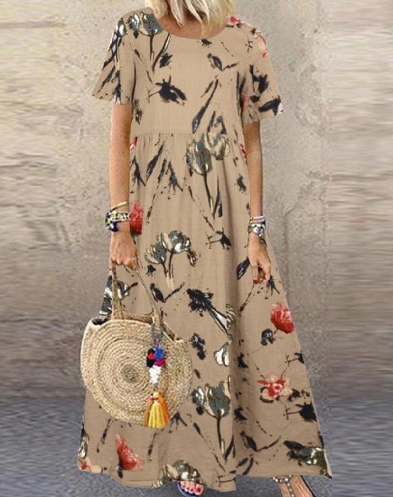 Plus Size Summer Loose Long Sleeve Round Neck Floral Print Casual Women's Holiday Beach Dress Vintage Style Maxi Dress