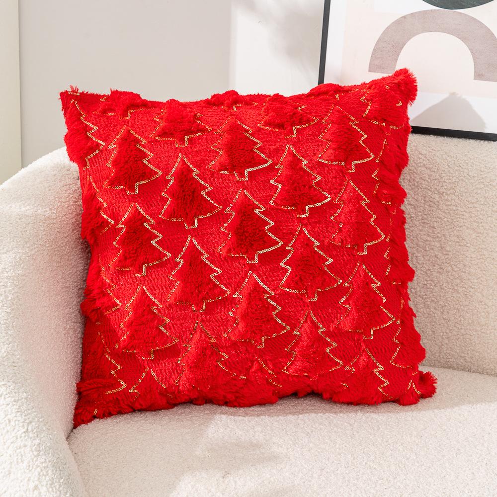 Christmas Tree Fleece Cushion Cover with Star Embroidery - Holiday Sofa Decoration Pillow Cover