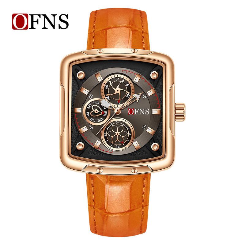 OFNS Brand 1516 Fashion Square Six Needle Quartz Watch 3ATM Waterproof Luminous Head Layer Leather Strap Date Display Cool Men's