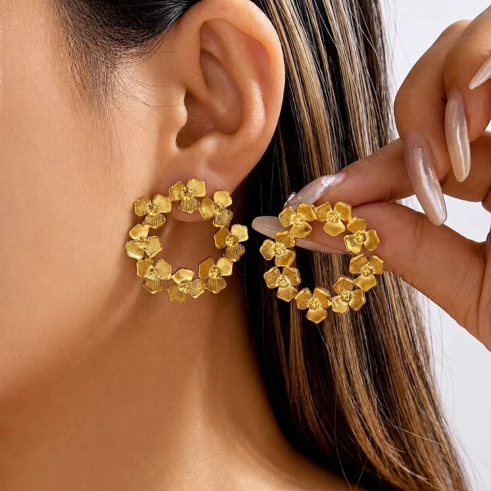 Stainless Steel Floral Wreath Earrings Waterproof Women Earrings Trendy Flower Circle Studs Gift