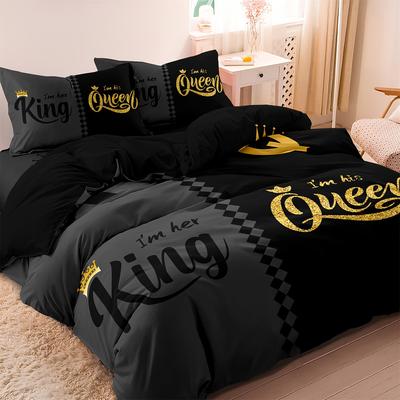 Soft Breathable Valentine's Day Queen King Duvet Cover Set Crown Print Machine Washable Includes 1*Duvet Cover 2*Pillowcases
