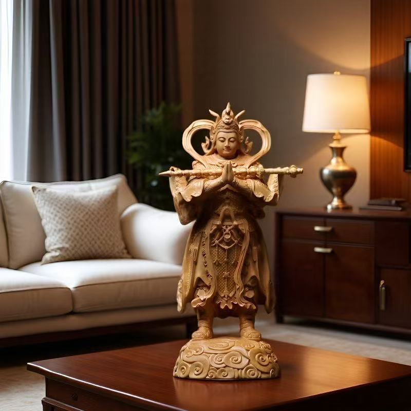 wood carving Guardian Door God Venerable Weituo statue  Luxury Home Living Room Office Wealth Luck Feng Shui Decorstatue 11.7 in