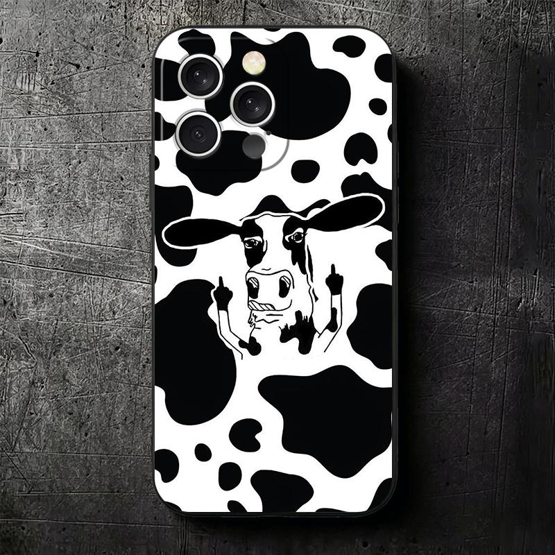 White Black Dairy Cattle Symbol Soft Phone Case for iPhone 16 16E 17 Air 15 Pro Max 14 Plus 13 Mini 11 12 7 Black Cover Back She