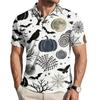Men Halloween Print Casual Short Sleeve Shirt with Pumpkin Bat and Leaf Patterns Lightweight Button Down Top