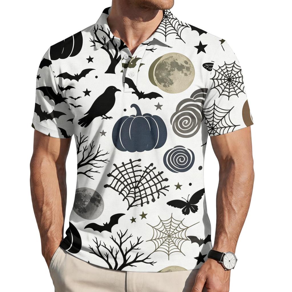 Men Halloween Print Casual Short Sleeve Shirt with Pumpkin Bat and Leaf Patterns Lightweight Button Down Top