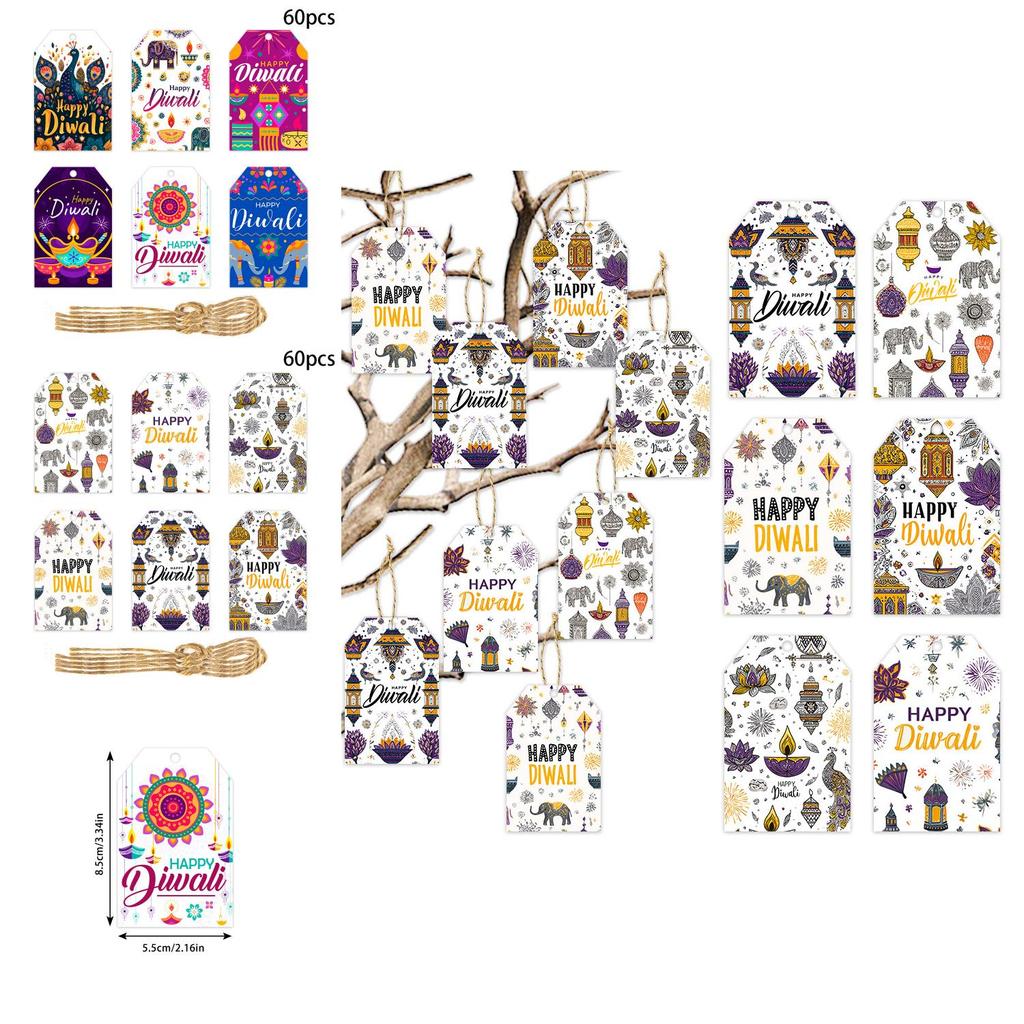 Diwali Themed Paper Hang Tags For Celebrations With 60pcs Party Decor Supplies