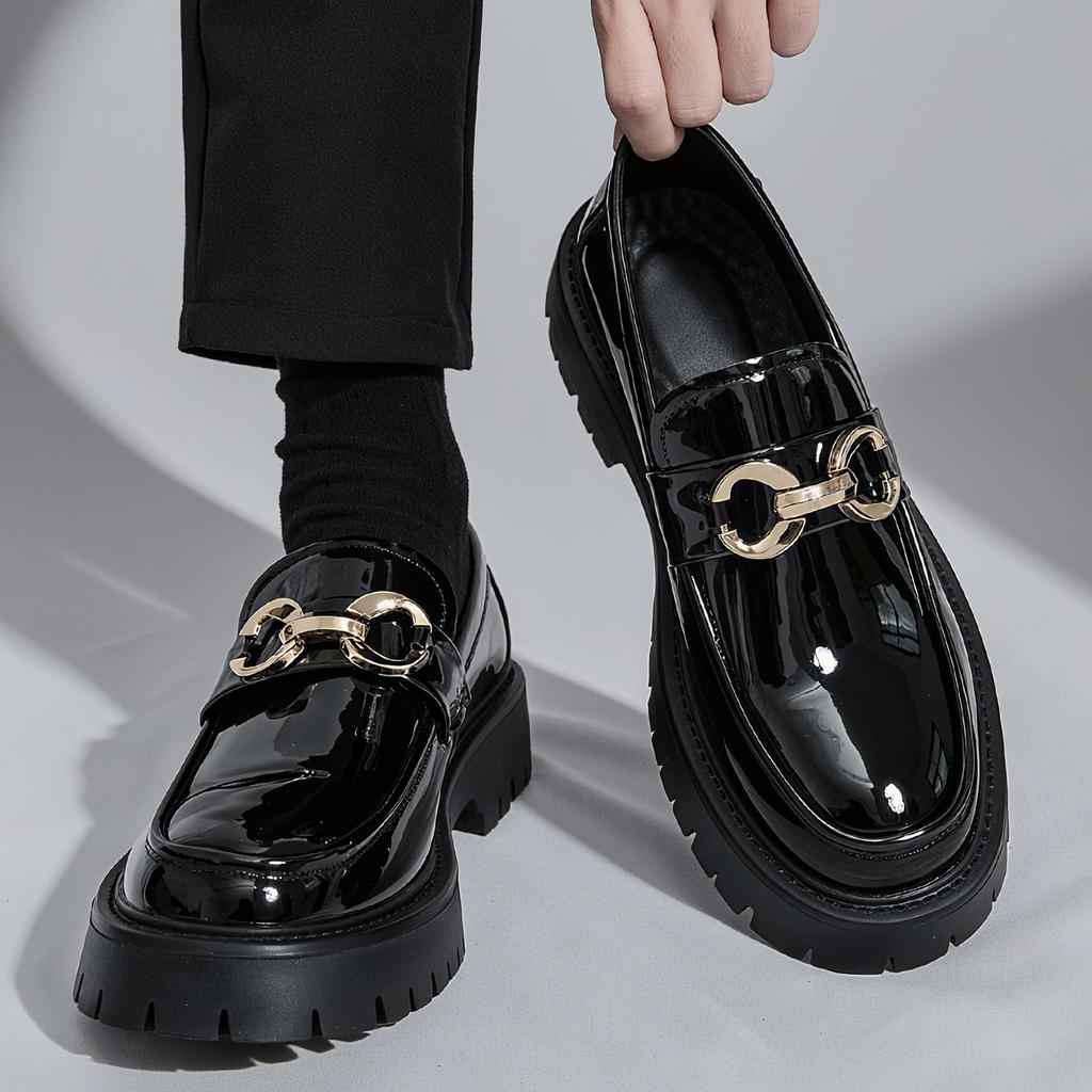Fashion Thick Sole Men's Penny Loafers Slip-On Business Dress Shoes for Gentleman Metal Buckle Formal Black Glossy Shoes