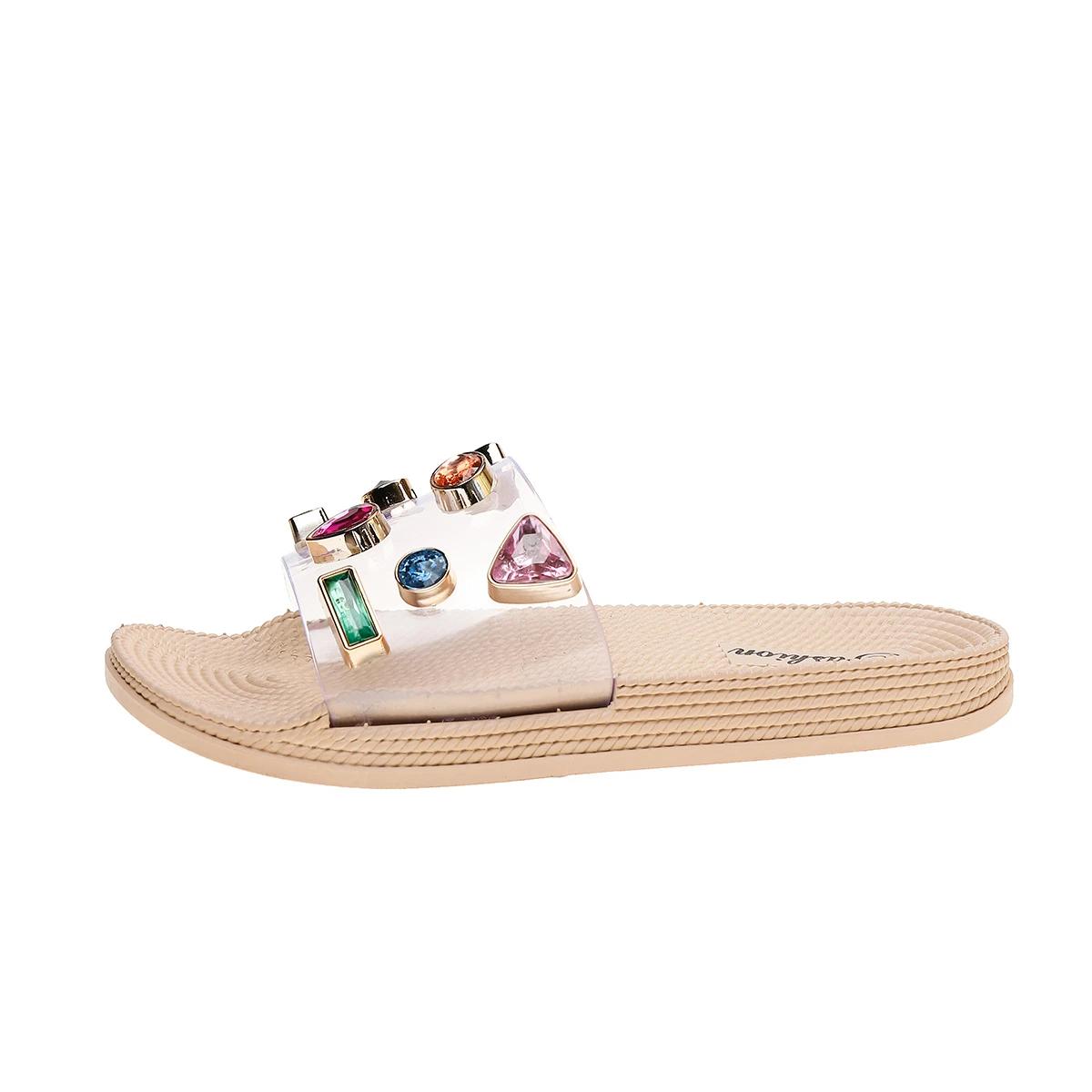 

2025 Прозрачные тапочки Туфли Блестящие шлепанцы Разноцветные сандалии Низкая мода Платформа Мягкий желе Плоский Роскошь Лето Повседневный 41 бежевый