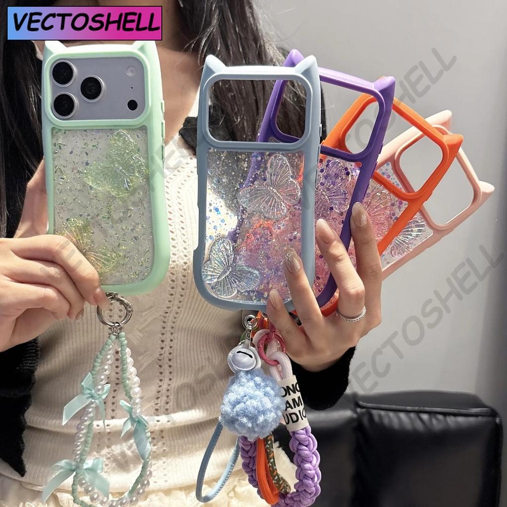 Cute Cat Ears Butterfly Transparent Lanyard Case for iPhone 17e 16 15 14 13 12 Pro Max 17 Air 11 Large Window Soft Edges Cover