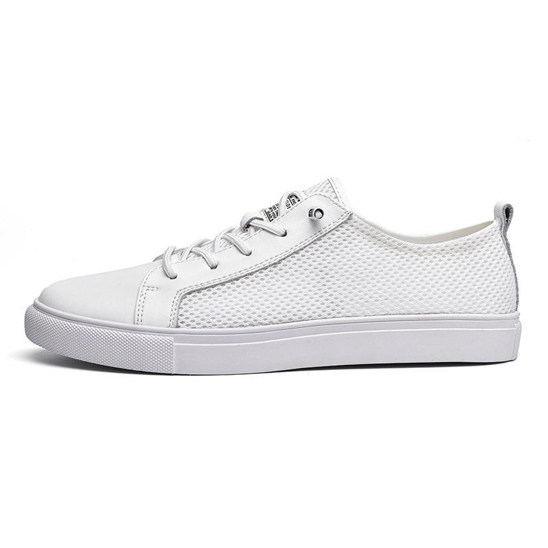 

Round head cowhide + mesh casual men s board shoes front lace-up breathable flat heel work shallow mouth versatile men s shoes 46 білий