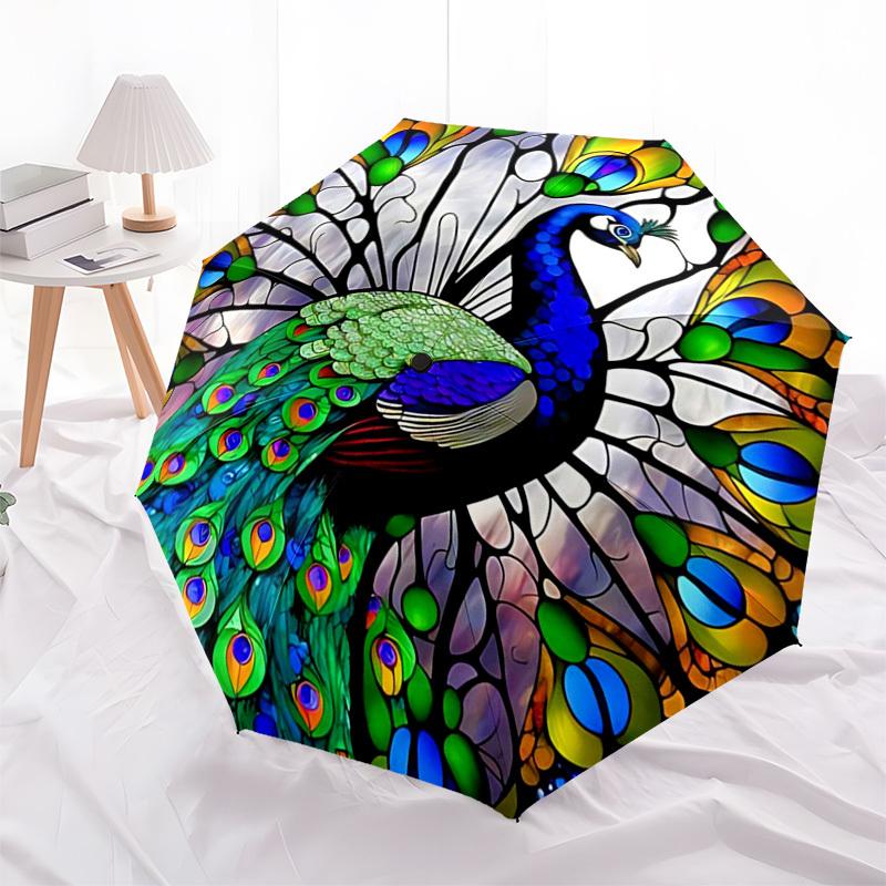 1pc Stained Glass Peacock Design Automatic Opening Folding Umbrella with 3-Fold Design, 8-Bone Iron Frame, Outdoor, Festive Gift for Fans, Travelers,