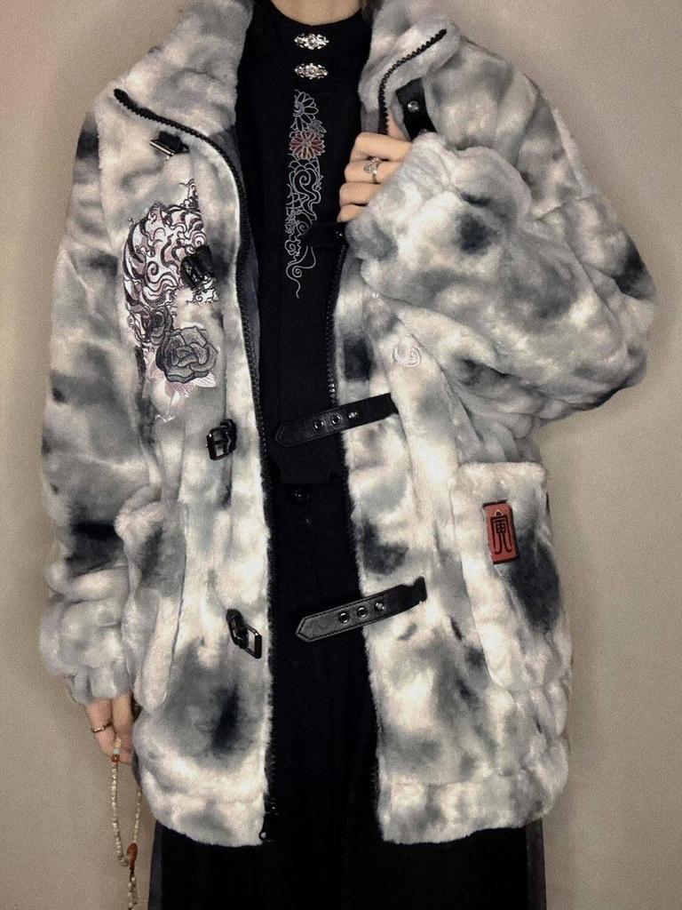 Dark Style Sheyin Faux Rabbit Fur Coat - Quirky Embroidered Stand-Up Collar for Autumn/Winter