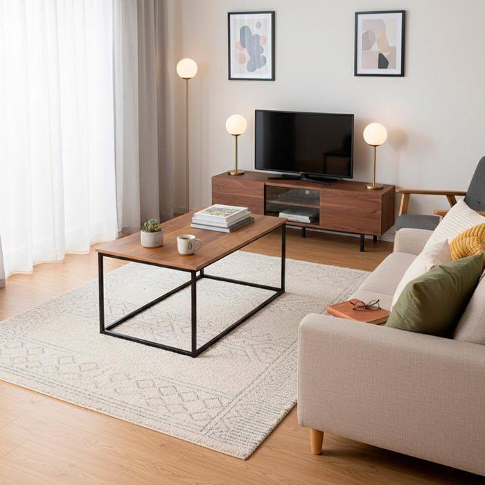 Table basse rectangulaire - AKTIVE - 90x48x40 cm - Effet chêne - Structure métallique noire - Capacité 20 kg