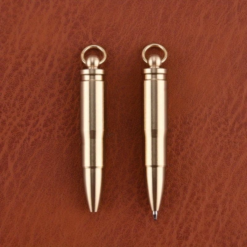 1PC Creative Brass Bullet Shape Portable Mini Rotatory Ballpoint Pen Signature Pen Multi-functional Car KeyChain Pendant