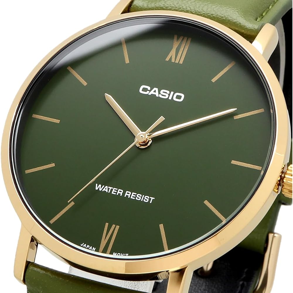 Casio MTP-VT01GL-3B Quartz Men's Watch Gold Green Leather Band Imported Model