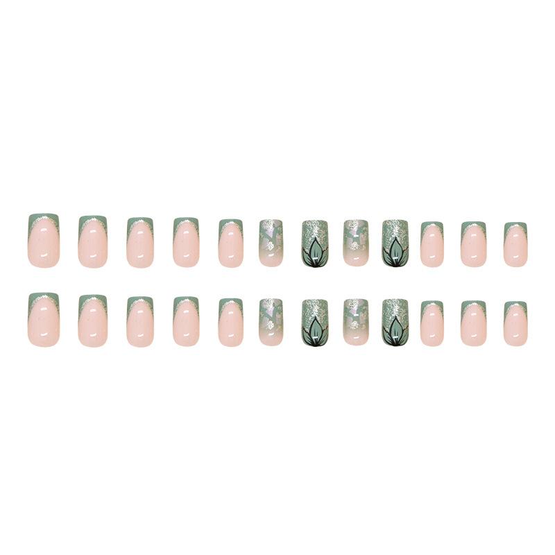 24 Pieces Nail Art Piece Bamboo Cyan Wearing Nail Piece National Style French Fine Flash Detachable Nail Art Piece False Nails