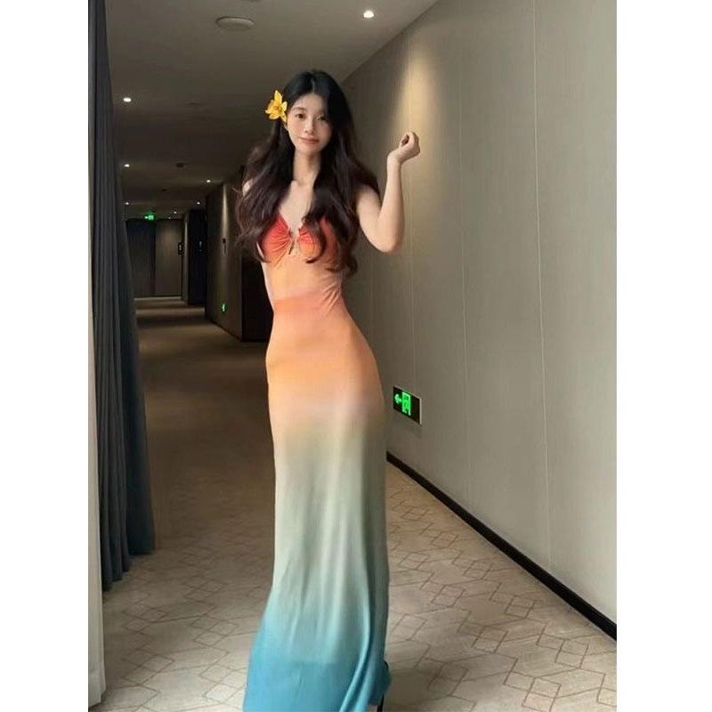 Sunset Skirt Beautiful Smudge Gradual Change Elastic Mesh Dress Thailand Sanya Seaside Vacation Bag Arm Fishtail Dress