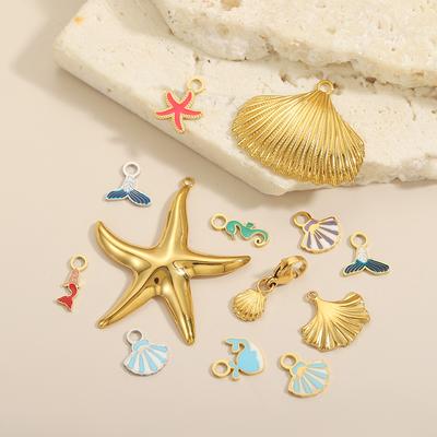 CARLIDANA Hot Sale Stainless Steel Necklace Mermaid Pendant Charm Starfish Shell Gold Plated Enamel Charm DIY Necklace Pendant