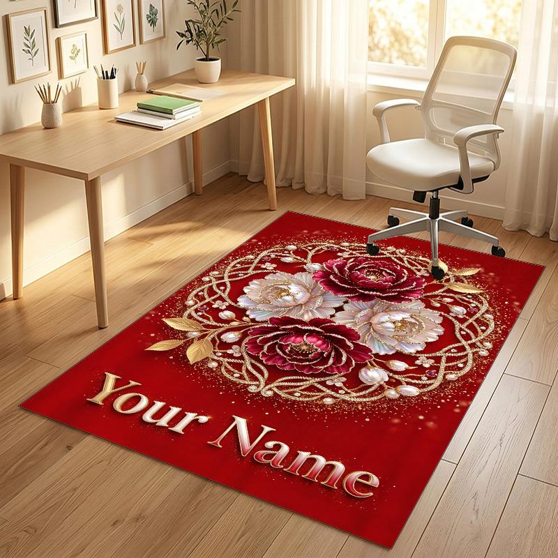 Floral Garden Theme Crystal Velvet Rug Personalized Custom Name Text Soft Floor Mat Home Decor