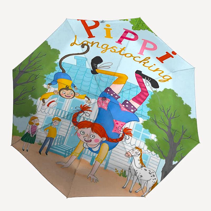 Ombrello da Viaggio a Tema Pippi Calzelunghe - 8 Stecche, Apertura e Chiusura Automatiche, Design Pieghevole Portatile, Ombrello Compatto ed Elegante Adatto