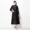 2026 Spring Summer Beaded Lace Patchwork Dress for Women Stand Collar Long Sleeve High Waist Belt Casual Vestidos Pleated Y2k