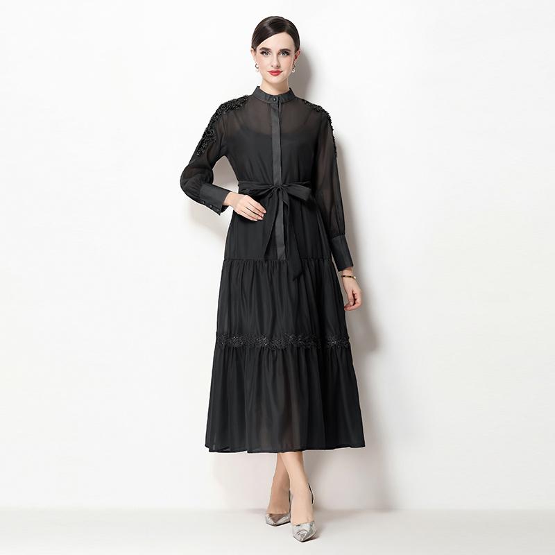 2026 Spring Summer Beaded Lace Patchwork Dress for Women Stand Collar Long Sleeve High Waist Belt Casual Vestidos Pleated Y2k
