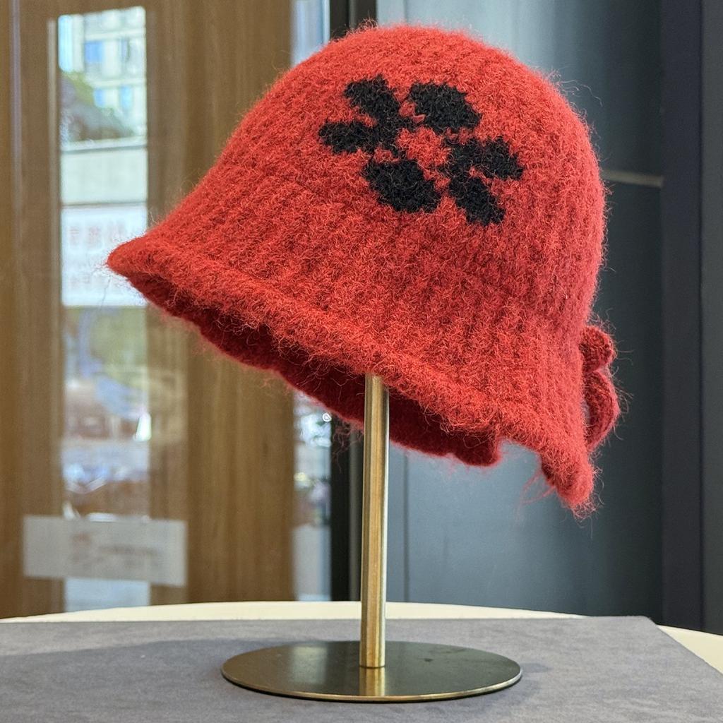 Autumn new hat women's flower knitted hat versatile face small wool hat literary retro bucket hat
